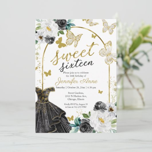 Sweet 16 Blumenkleid Butterfly Black Gold Einladung (Stehend Vorderseite)