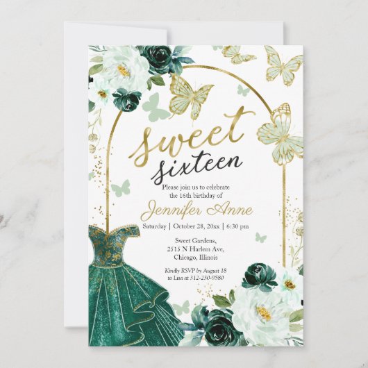 Sweet 16 Blumenkleid Schmetterling Emerald Green Einladung (Vorderseite)