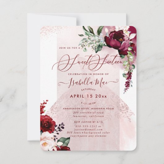 Sweet 16 Blush Burgund Wasserfarbe Blume Einladung (Rückseite)