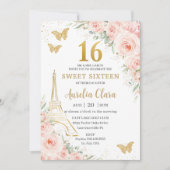 Sweet 16 Blush Floral Paris Eiffel Champagne Einladung (Vorderseite)