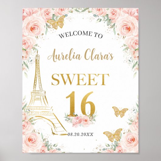 Sweet 16 Blush Floral Paris Eiffel Champagne Poster (Vorne)