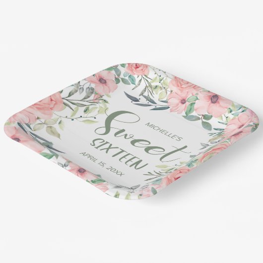 Sweet 16 Blush Pink Blume Blätter Name Datum Pappteller (Gewinkelt)