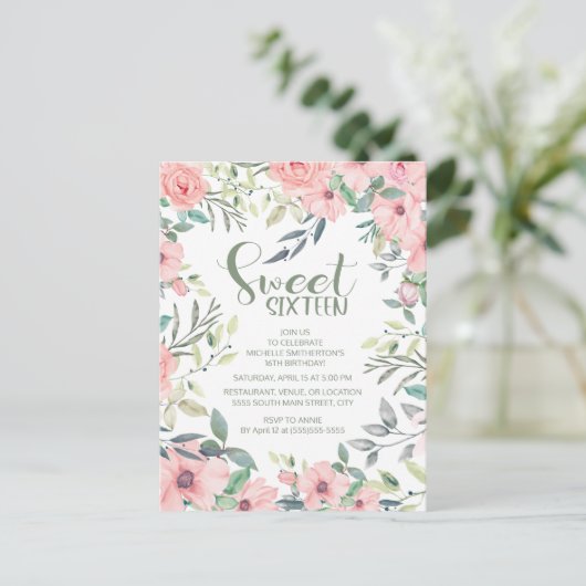 Sweet 16 Blush Pink Blume Sage Green Blätter Postkarte (Stehend Vorderseite)