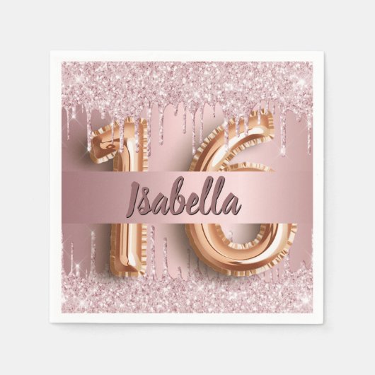 Sweet 16 blush pink Glitzer Tropfen Name Serviette (Vorderseite)