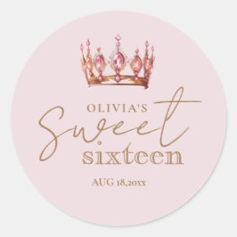 Sweet 16 Blush Pink & Gold Crown Geburtstag Runder Aufkleber