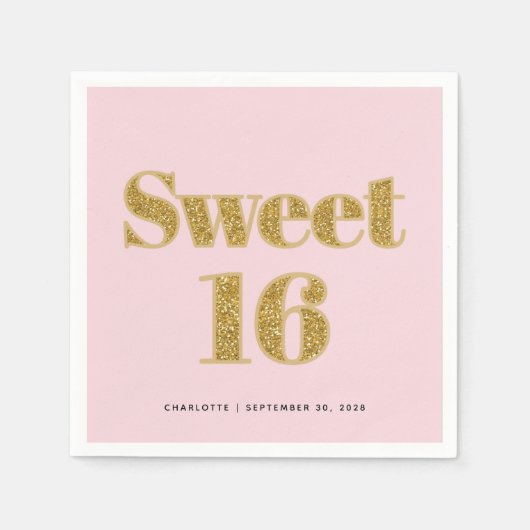 Sweet 16 Blush Pink Gold Glitzer Party Serviette (Vorderseite)