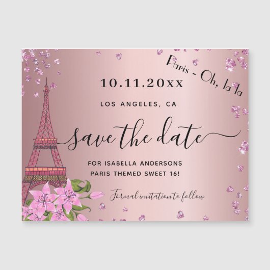 Sweet 16 blush pink paris speichern den Datums-Mag Magnetkarte (Vorderseite)