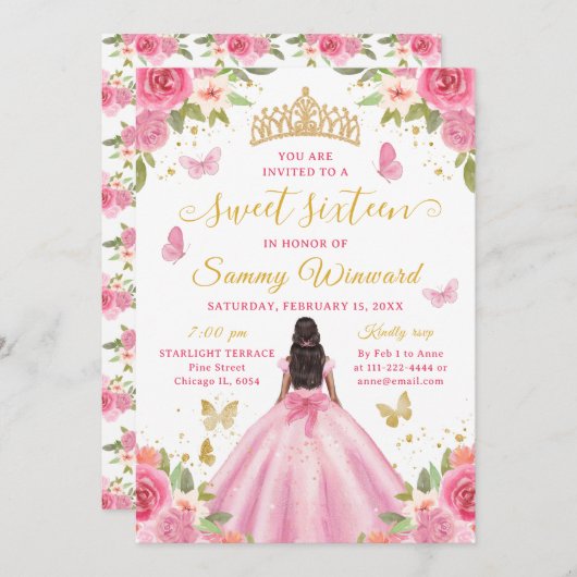 Sweet 16 Blush Pink Princess African American Girl Einladung (Vorne/Hinten)