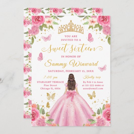 Sweet 16 Blush Pink Princess Brunette Girl Einladung (Vorne/Hinten)