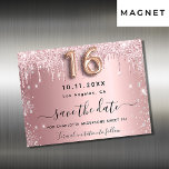 Sweet 16 blush pink silber speichern das Datum Mag Magnetkarte<br><div class="desc">Eine Save the Date und trendige Magnetkarte für eine Sweet 16, 16. Geburtstagsparty. Rosa Imitat mit rosa und Imitat, metallisch, mit rosa und silberfarbenen Glitzer-Tropfen und Staub dekoriert. Personalisieren und fügen Sie Datum und Namen/Text hinzu. Der Text: Save the Date wird mit einem großen angesagten, handgeschriebenen Stilskript mit Swashes geschrieben....</div>