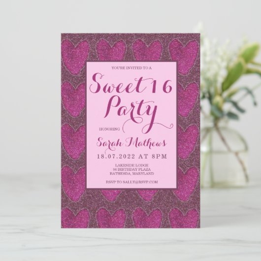 Sweet 16 Blush Pink und Magenta Glitzer Einladung (Stehend Vorderseite)