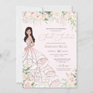 Sweet 16 Blush Pink White Roses & Luxury Gown Einladung