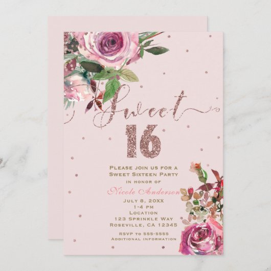 SWEET 16 Blush Rosa Rose Gold Floral Modernes Part Einladung (Vorne/Hinten)