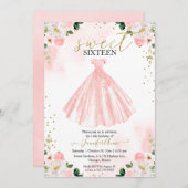 Sweet 16 Blush Wasserfarbe Blume Rosa Kleid Einladung (Vorne/Hinten)