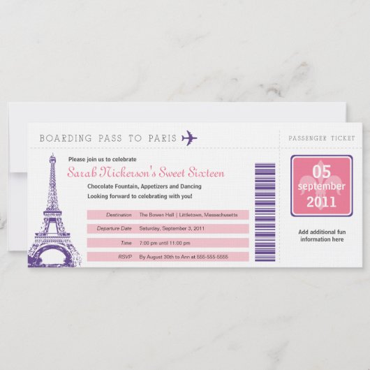 Sweet 16 Boarding Pass nach Paris Einladung (Vorderseite)