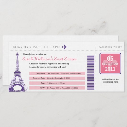 Sweet 16 Boarding Pass nach Paris Einladung (Vorne/Hinten)