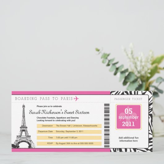 Sweet 16 Boarding Pass nach Paris Einladung (Stehend Vorderseite)
