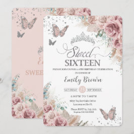 Sweet 16 Boho Blush Dusty Rose Floral Pampas Grass Einladung
