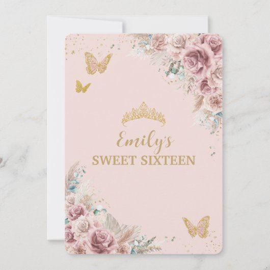 Sweet 16 Boho Blush Dusty Rose Floral Pampas Grass Einladung (Rückseite)