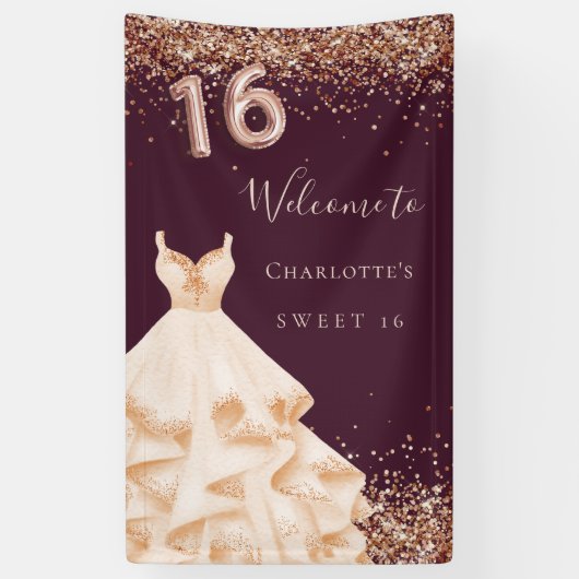 Sweet 16 bordeauxfarbene Rose Goldkleid Banner (Vertikal)