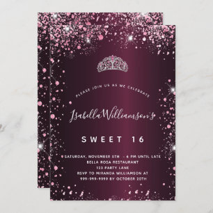 Sweet 16 bordeauxrosa Glitzer tiara Einladung