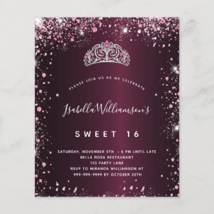 Sweet 16 bordeauxrosa Glitzer Tiara Einladung