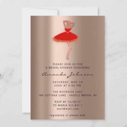Sweet 16. Brautparty Rose Gold Rotes Kleid Einladung (Vorderseite)