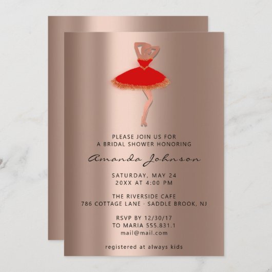 Sweet 16. Brautparty Rose Gold Rotes Kleid Einladung (Vorne/Hinten)