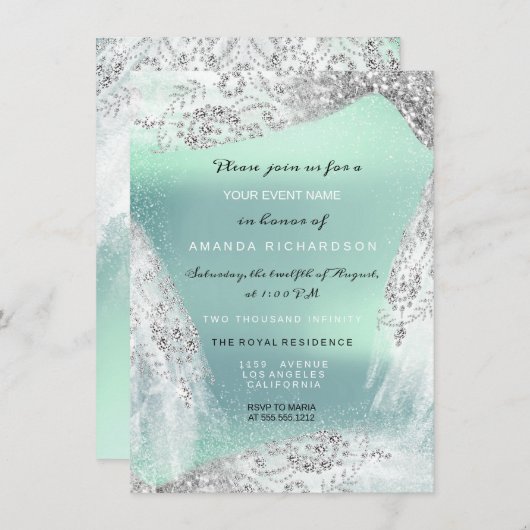 Sweet 16. Bridal Diamond Dress Gray Silver Mint Einladung (Vorne/Hinten)