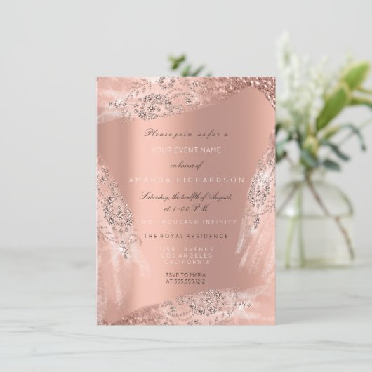 Sweet 16. Bridal Dress Rose Peach Diamond Glitzer Einladung (Stehend Vorderseite)