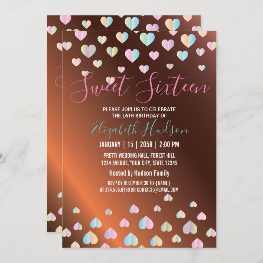 Sweet 16 Bronze Einladung mit bunten Fußketten (Vorne/Hinten)