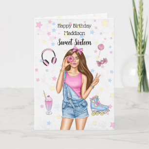 Sweet 16 Brünett Roller Girl Happy Birthday Card Feiertagskarte