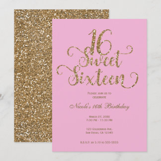 Sweet 16 Bubblegum Pink & Gold Glitzer Geburtstag Einladung