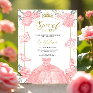 Sweet 16 Budget Einladung Butterfly Pink Kleid
