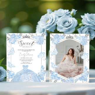 Sweet 16 Budget Foto Einladung Blauer Schmetterlin