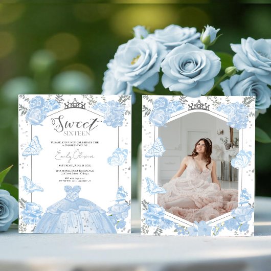 Sweet 16 Budget Foto Einladung Blauer Schmetterlin