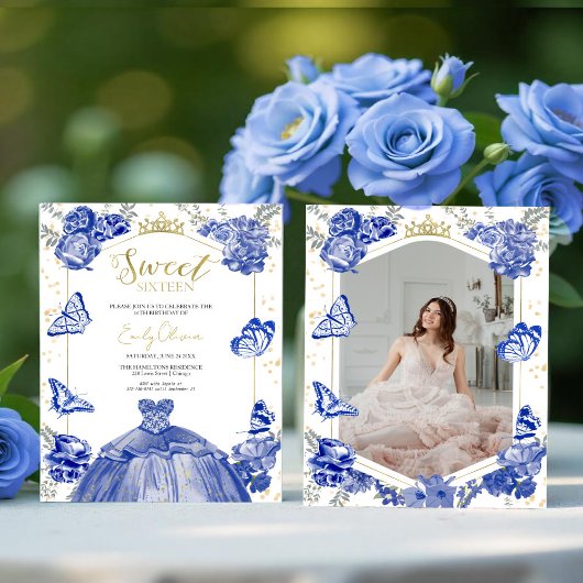 Sweet 16 Budget Foto Einladung Blauer Schmetterlin