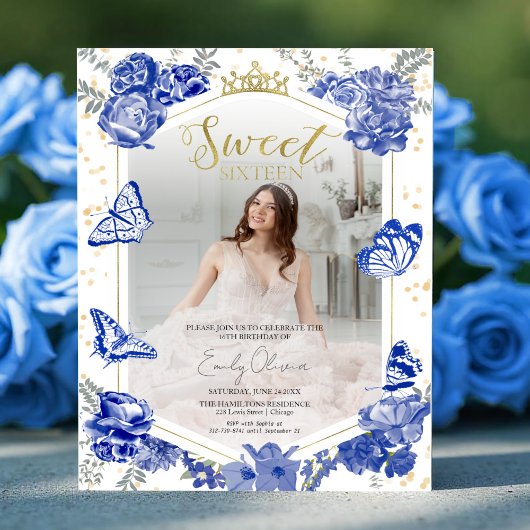 Sweet 16 Budget Foto Einladung Blauer Schmetterlin
