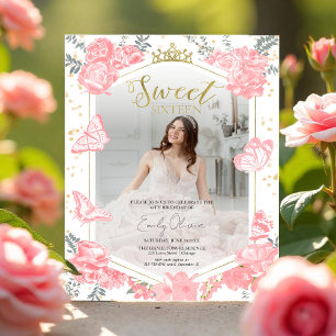Sweet 16 Budget Foto Einladung Rosa Schmetterling