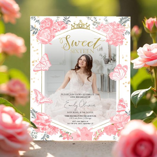 Sweet 16 Budget Foto Einladung Rosa Schmetterling