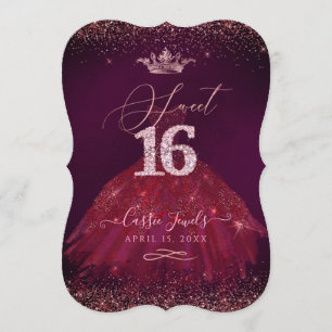 Sweet 16 Burgund Rose Gold Confetti Prinzessin Einladung