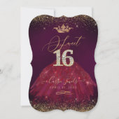 Sweet 16 Burgundy Gold Confetti+Princess Crown Einladung (Vorderseite)