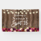Sweet 16 Burgundy Red Floral Rustic Barn Wood Banner (Horizontal)
