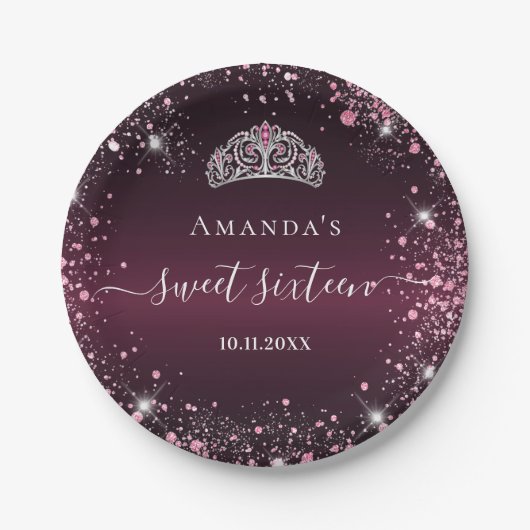 Sweet 16 burgundy rosa tiara Namensskript Pappteller (Vorderseite)