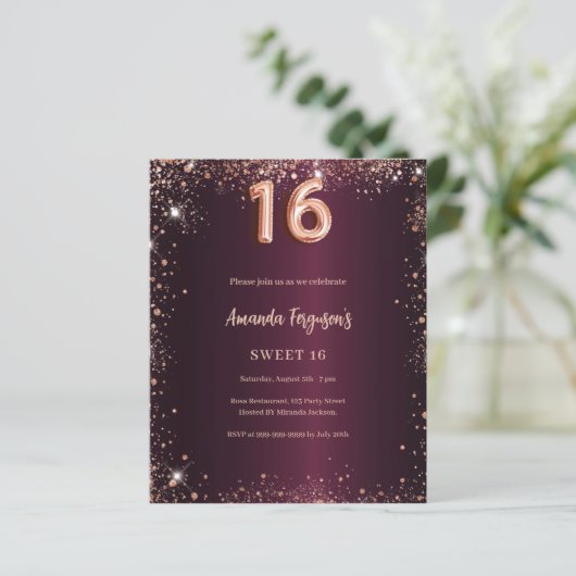 Sweet 16 burgundy Rose Gold Einladung (Stehend Vorderseite)