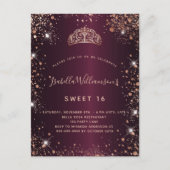 Sweet 16 burgundy Rose Gold Glitzer Staub Tiara Einladungspostkarte (Vorderseite)