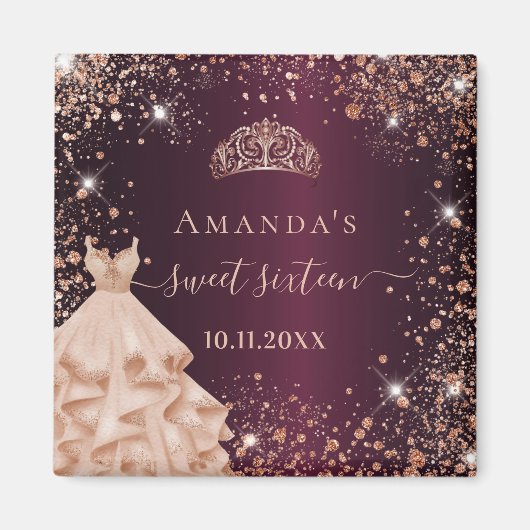 Sweet 16 burgundy Rose Gold Tiara Kleid Name Magnet (Vorne)
