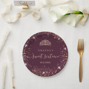 Sweet 16 burgundy Rose gold tiara name skript Pappteller