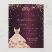 Sweet 16 burgundy Rose Goldkleid Tiara Einladung (Vorderseite)