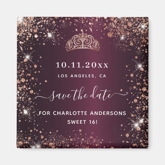 Sweet 16 burgundy tiara Rose Gold Save the Date Magnet (Vorne)